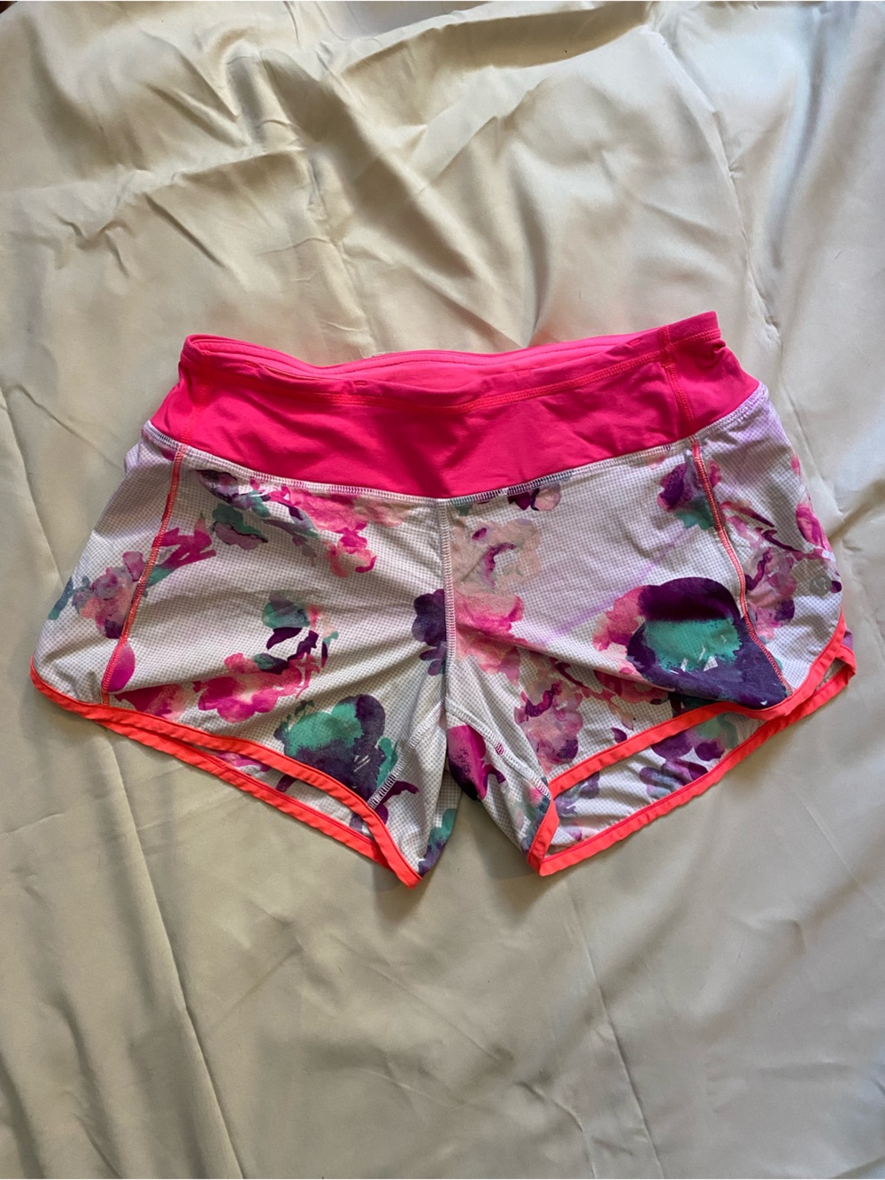 lululemon athletica Pink Floral Athletic Shorts with Coral Trim